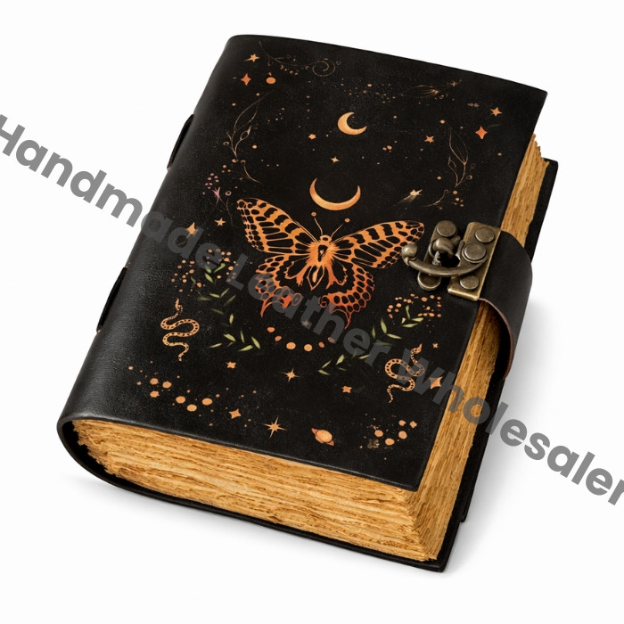 Luna Moth Leather Journal: Blank Spell Book of Shadows with Lock