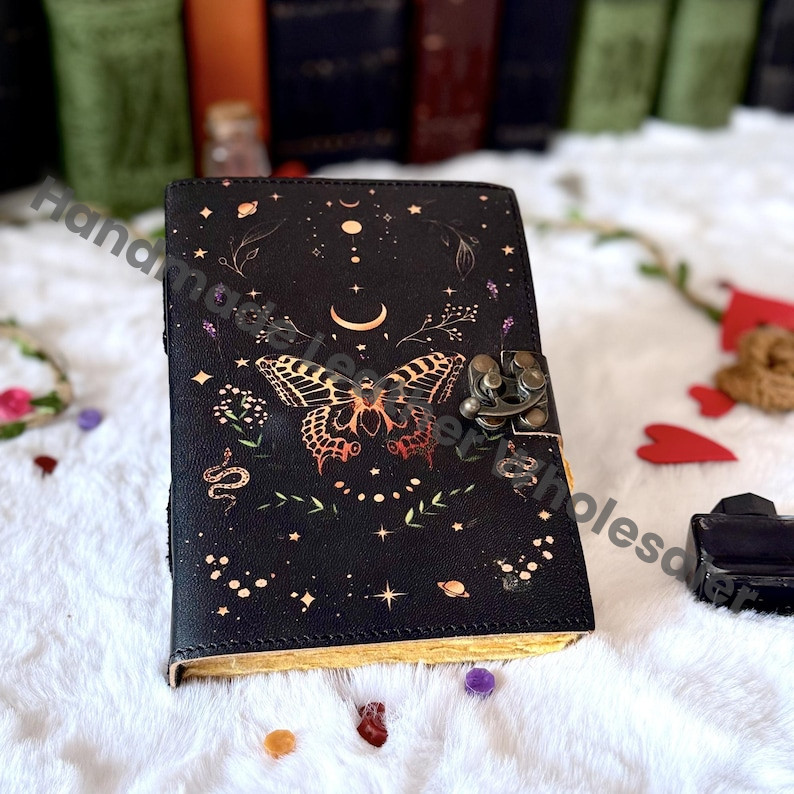 Luna Moth Leather Journal: Blank Spell Book of Shadows with Lock