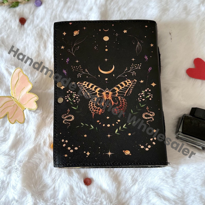 Luna Moth Leather Journal: Blank Spell Book of Shadows with Lock