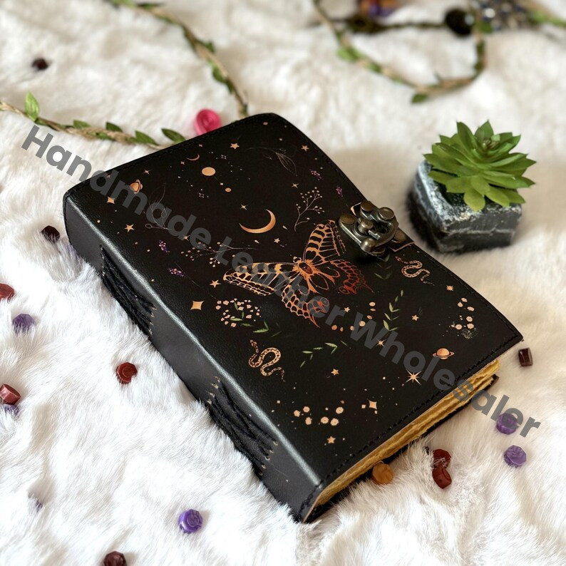 Luna Moth Leather Journal: Blank Spell Book of Shadows with Lock