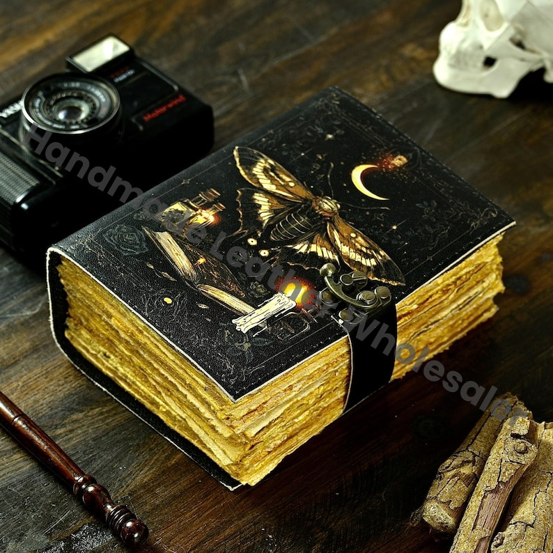 Luna Moth Leather Journal: Blank Spell Book with Vintage Lock Handmade Deckle Edge Spell Book, Grimoire Sketchbook