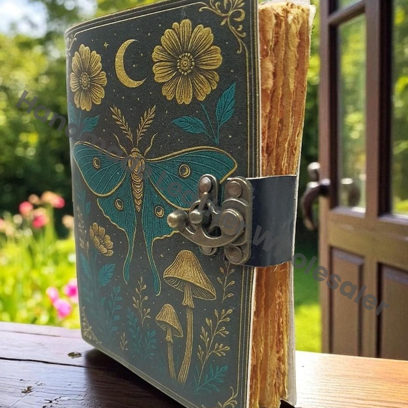Luna Moth Leather Journal – Handmade Embossed Notebook with Lock, Moon & Botanical Design, Vintage Sketchbook for Writing, Drawing Gifts.