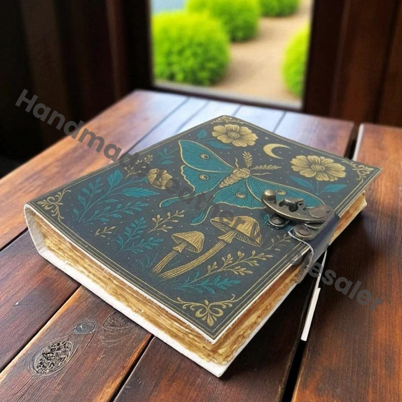 Luna Moth Leather Journal – Handmade Embossed Notebook with Lock, Moon & Botanical Design, Vintage Sketchbook for Writing, Drawing Gifts.