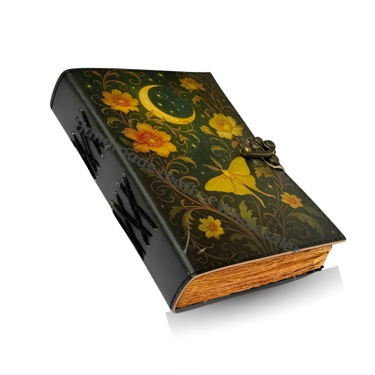 Luna Moth Leather Journal: Vintage Flower Forest Grimoire Handmade Book of Shadows, Spell book Wiccan Pagan Gothic Magic Diary