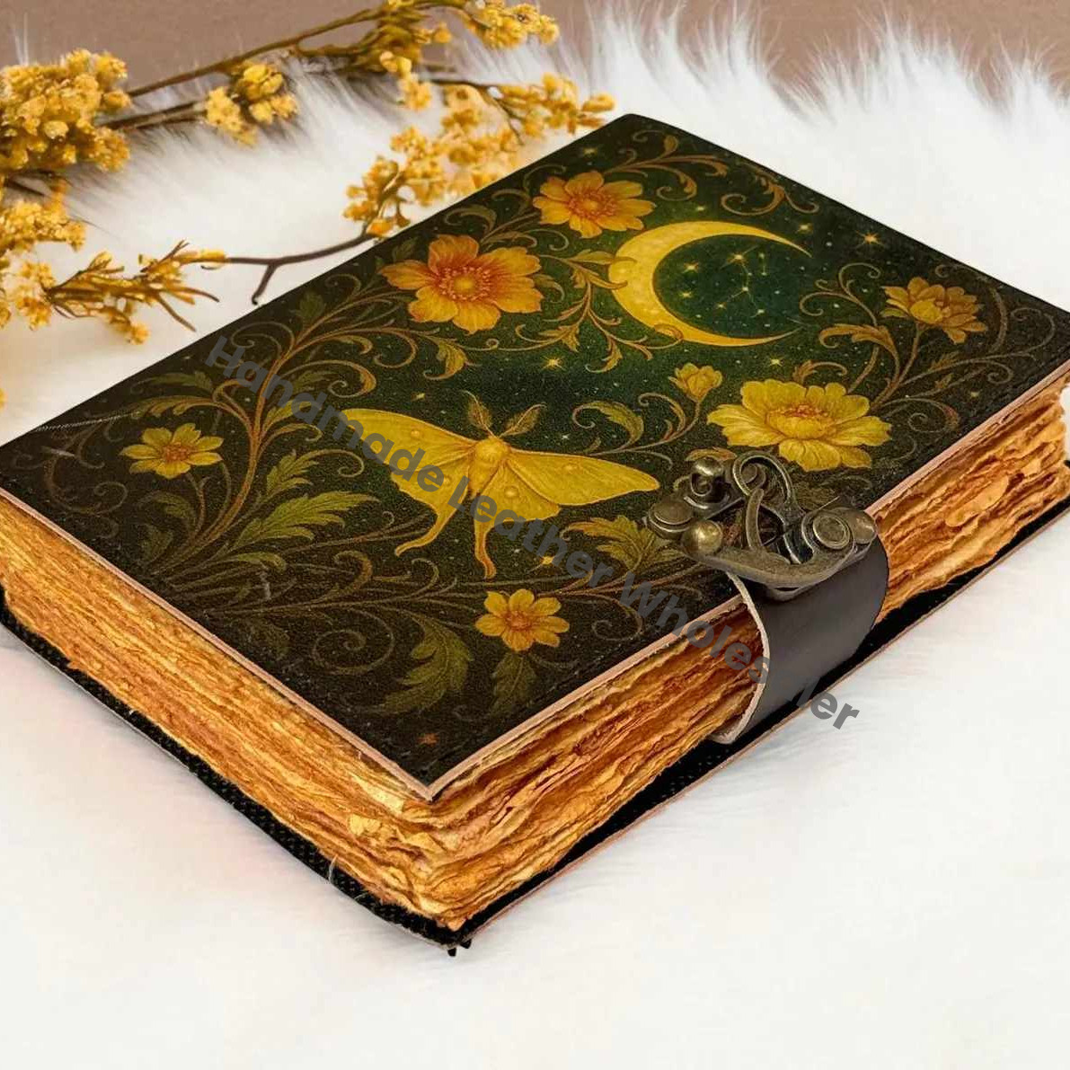 Luna Moth Leather Journal: Vintage Flower Forest Grimoire Handmade Book of Shadows, Spell book Wiccan Pagan Gothic Magic Diary