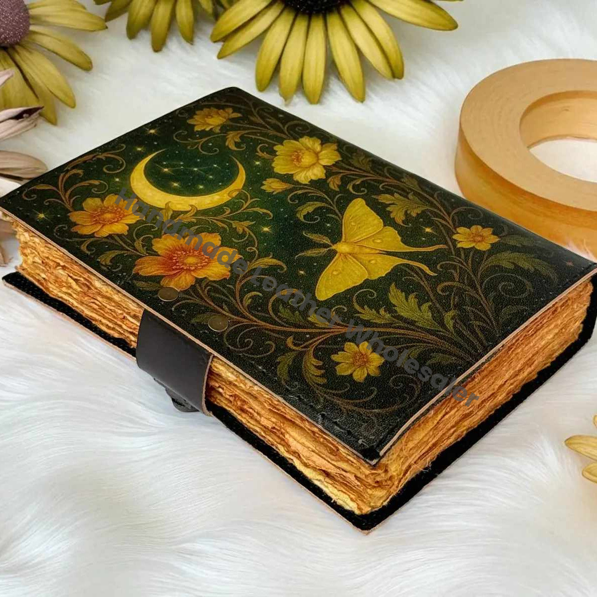 Luna Moth Leather Journal: Vintage Flower Forest Grimoire Handmade Book of Shadows, Spell book Wiccan Pagan Gothic Magic Diary