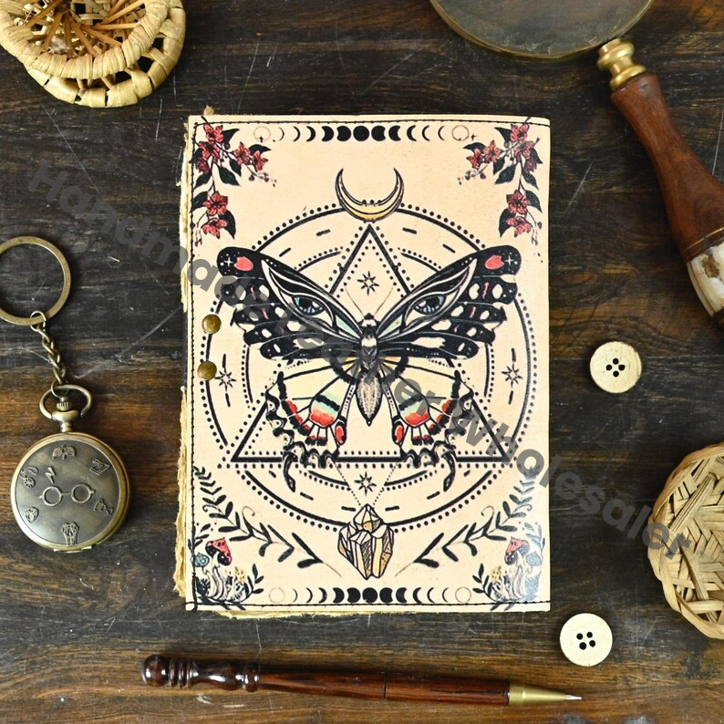 Luna Moth Leather Journal: Vintage Flower Forest Grimoire Handmade Book of Shadows, Spell book Wiccan Pagan Gothic Magic Diary Gift |