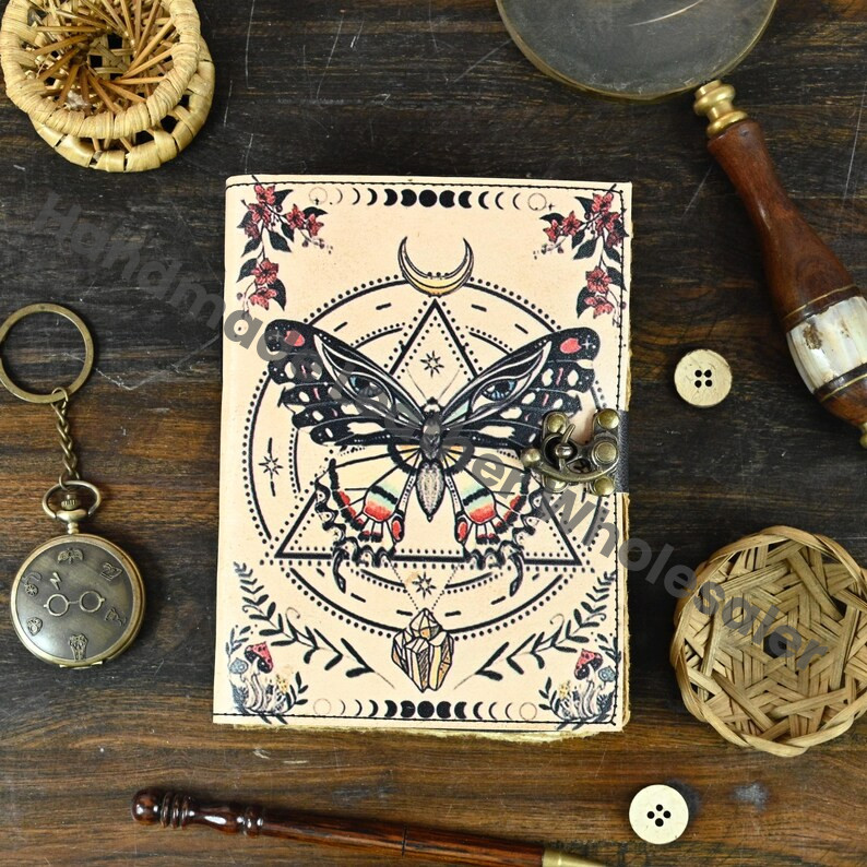 Luna Moth Leather Journal: Vintage Flower Forest Grimoire Handmade Book of Shadows, Spell book Wiccan Pagan Gothic Magic Diary Gift |