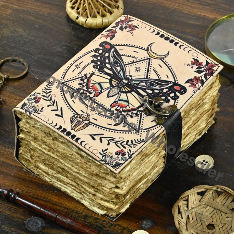 Luna Moth Leather Journal: Vintage Flower Forest Grimoire Handmade Book of Shadows, Spell book Wiccan Pagan Gothic Magic Diary Gift |