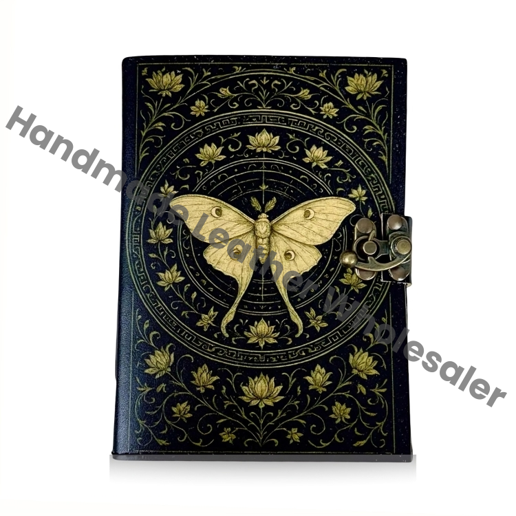 Luna Moth Leather Journal: Vintage Flower Forest Grimoire Handmade Book of Shadows, Spell book Wiccan Pagan Gothic Magic Diary