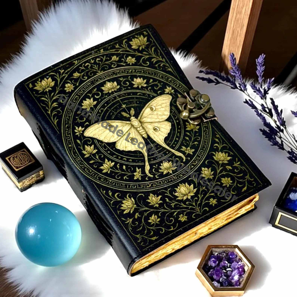 Luna Moth Leather Journal: Vintage Flower Forest Grimoire Handmade Book of Shadows, Spell book Wiccan Pagan Gothic Magic Diary