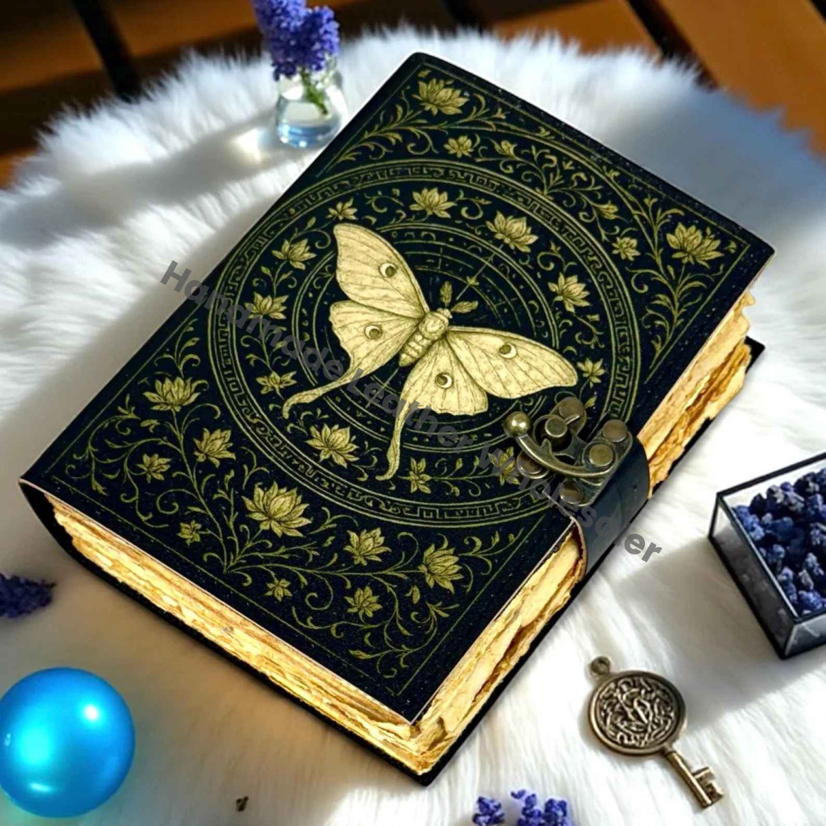 Luna Moth Leather Journal: Vintage Flower Forest Grimoire Handmade Book of Shadows, Spell book Wiccan Pagan Gothic Magic Diary