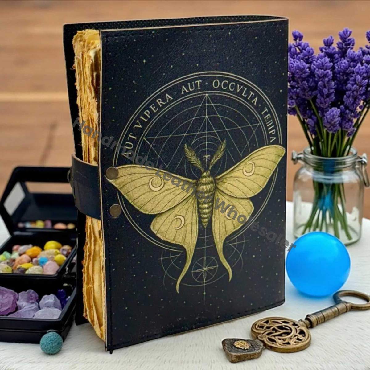 Luna Moth Leather Journal: Vintage Flower Forest Grimoire Handmade Book of Shadows, Spell book Wiccan Pagan Gothic Magic Diary
