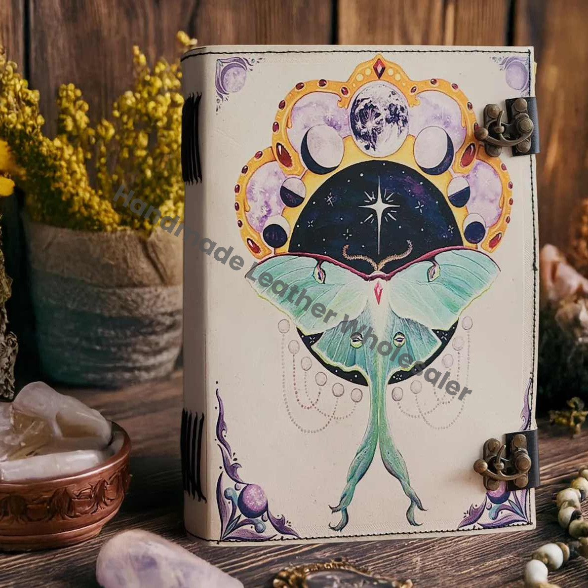 Luna Moth Leather Journal, Vintage Writing Grimoire, Book of Shadows