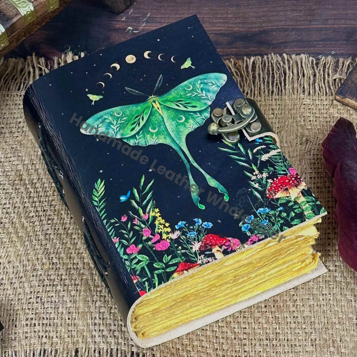 Luna Moth Leather Journal with Lock - Blank Book of Shadows