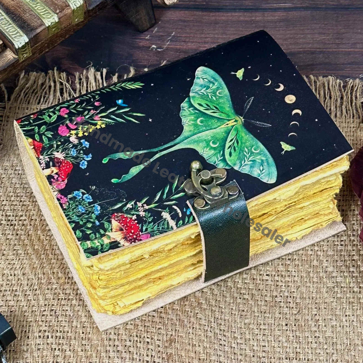 Luna Moth Leather Journal with Lock - Blank Book of Shadows