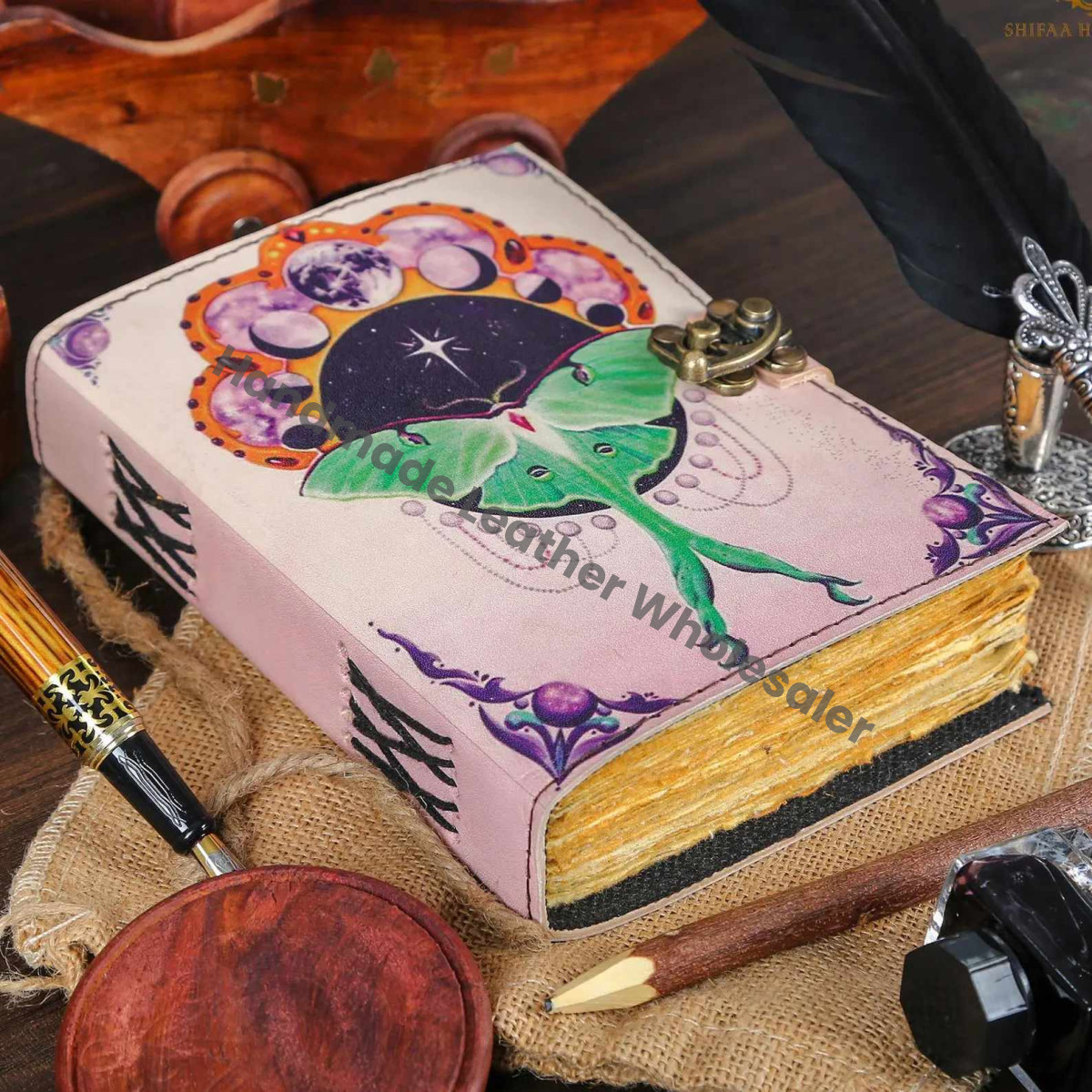 Luna Moth Leather Journal with Lock, Blank Spell Book
