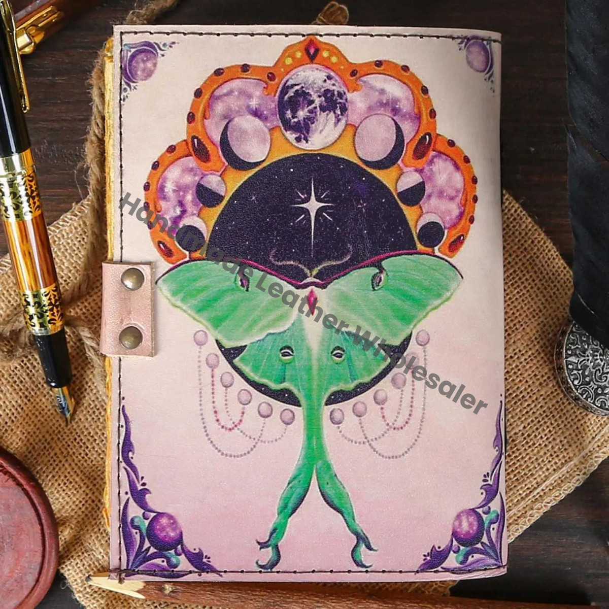Luna Moth Leather Journal with Lock, Blank Spell Book
