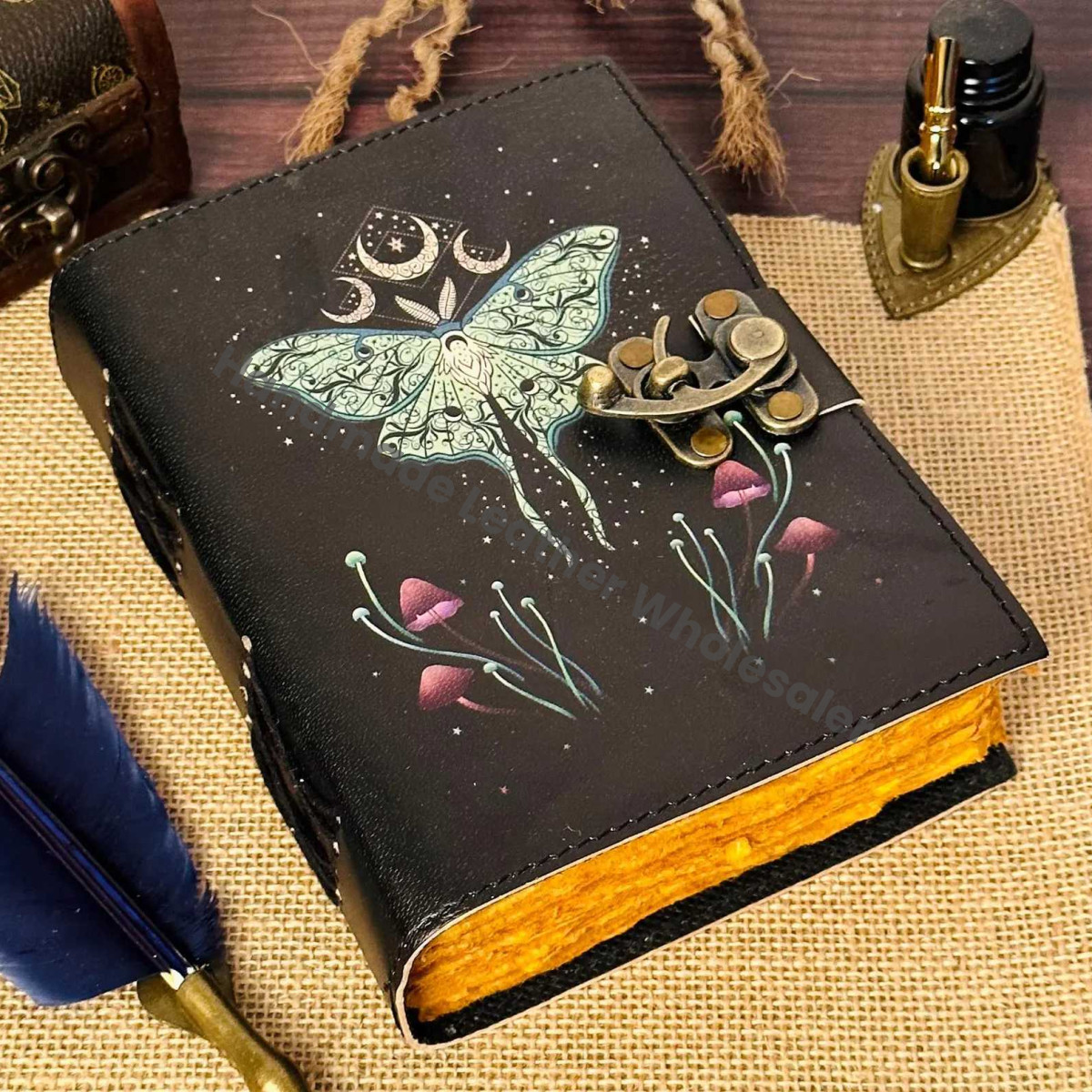 Luna Moth Leather Journal with Lock, Butterfly Print Spell Book
