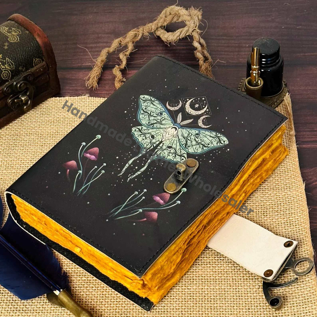 Luna Moth Leather Journal with Lock, Butterfly Print Spell Book