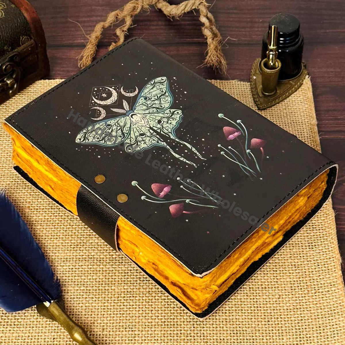 Luna Moth Leather Journal with Lock, Butterfly Print Spell Book