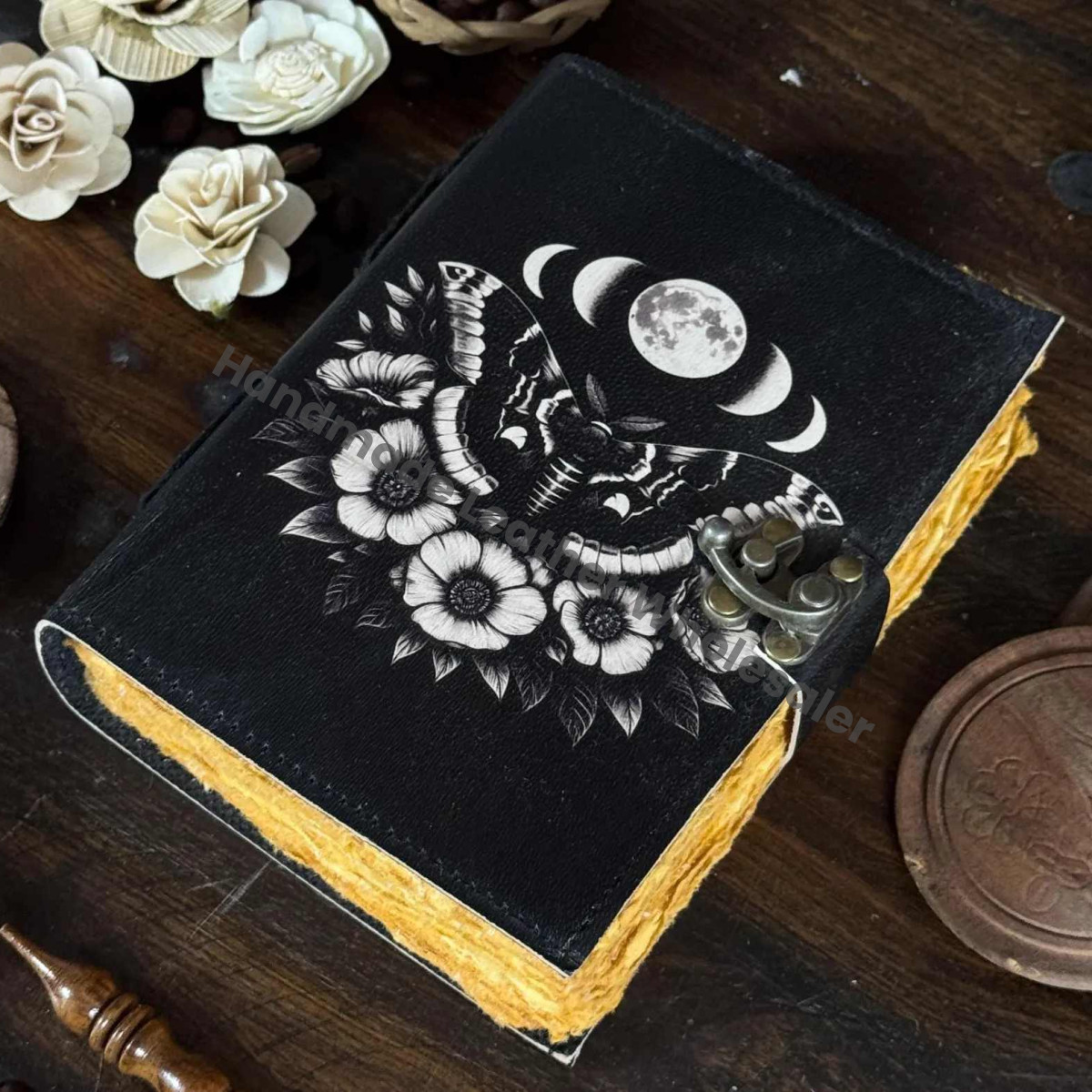 Luna Moth Leather Journal with Lock: Handmade Writing Notebook 400 Page Handmade Book of Shadows, Large Book Spell book