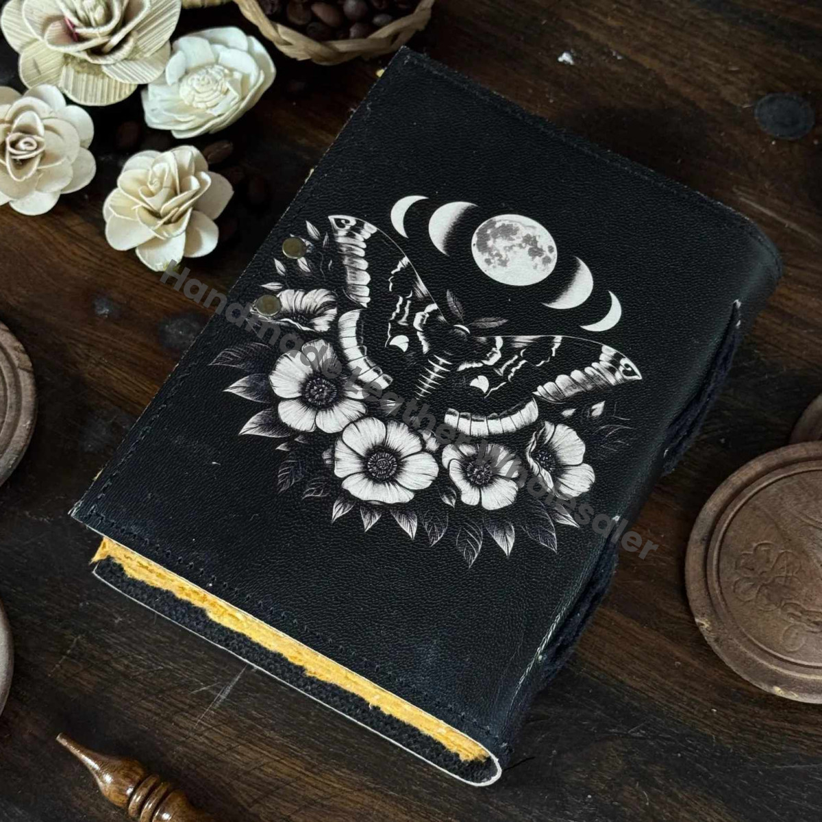 Luna Moth Leather Journal with Lock: Handmade Writing Notebook 400 Page Handmade Book of Shadows, Large Book Spell book