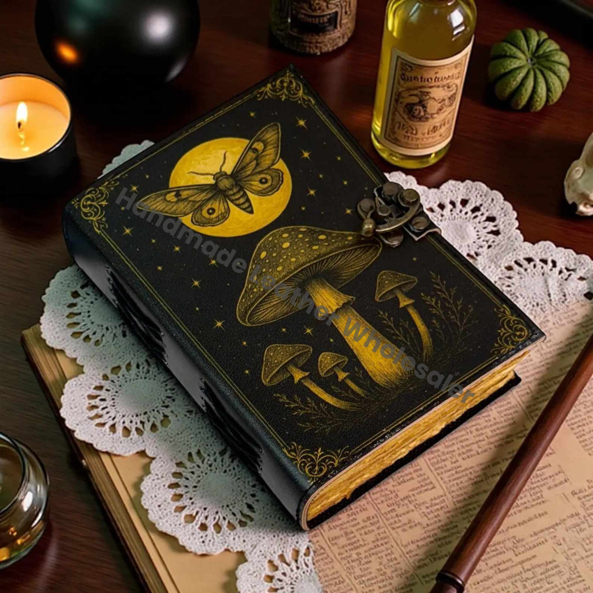 Luna Moth Mushroom Leather Vintage Moon Forest Grimoire Handmade Book of Shadows, Spell book Wiccan Pagan Gothic Magic Diary