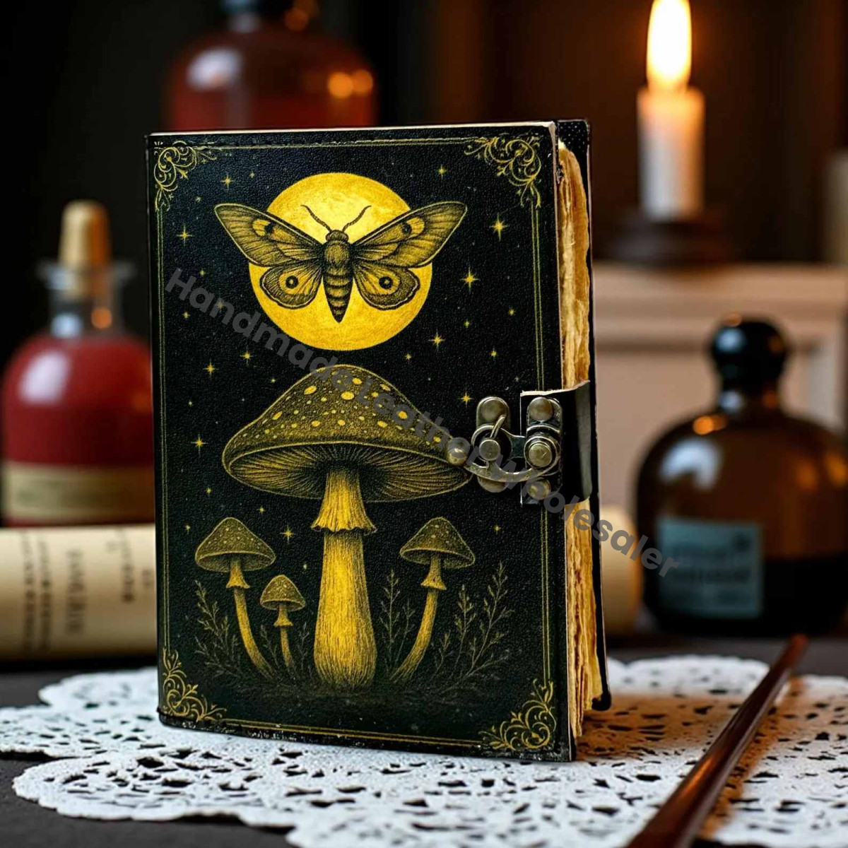 Luna Moth Mushroom Leather Vintage Moon Forest Grimoire Handmade Book of Shadows, Spell book Wiccan Pagan Gothic Magic Diary