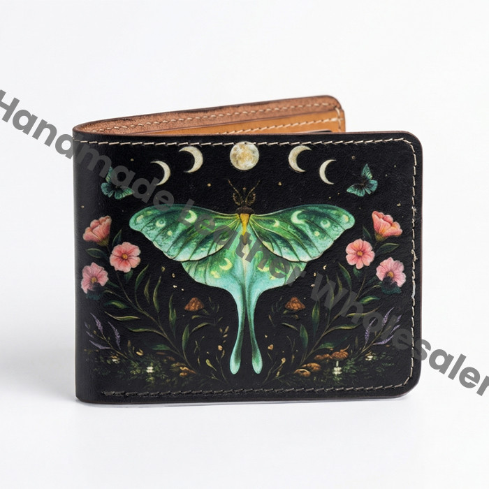 Luna Moth Print Leather Wallet, Handmade Buffalo Bifold