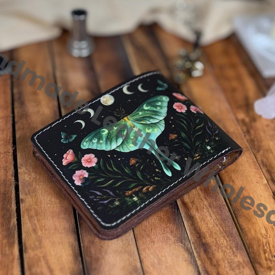 Luna Moth Print Leather Wallet, Handmade Buffalo Bifold