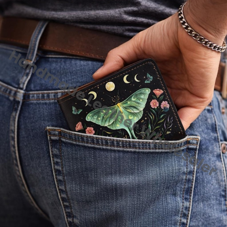 Luna Moth Print Leather Wallet, Handmade Buffalo Bifold