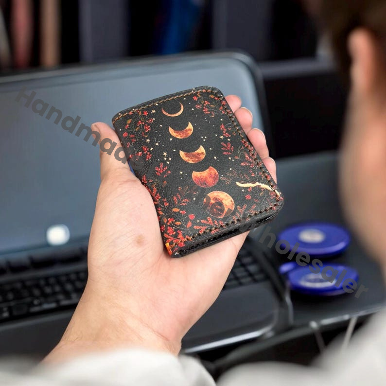 Moon Phase Leather Bifold Wallet, Personalized Card Holder