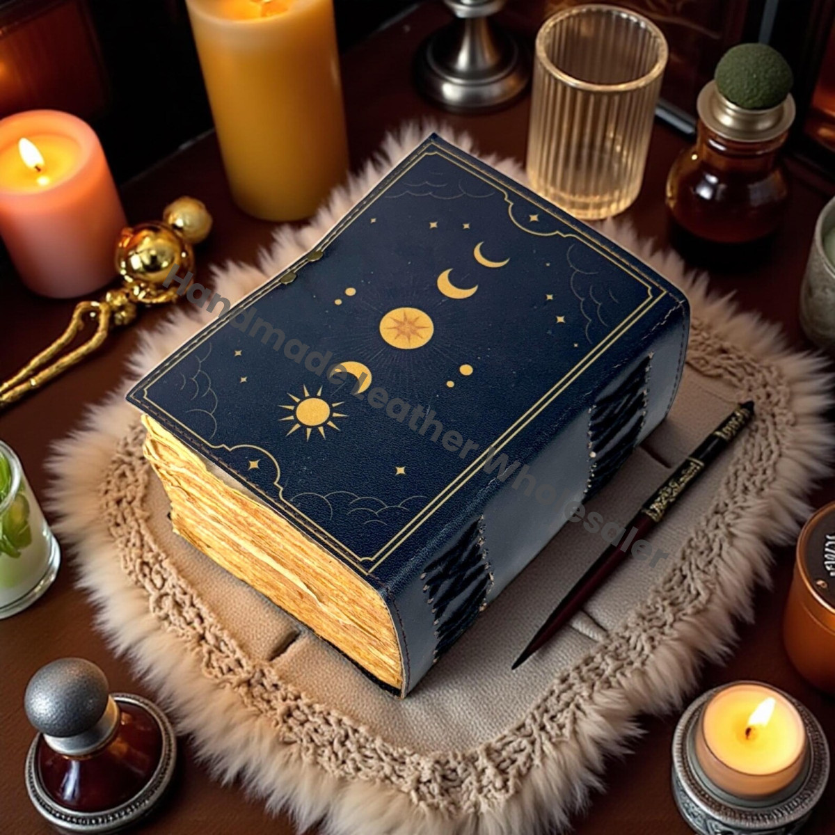 Moon Phase Leather Grimoire Journal – Handmade Wiccan Spell Book, Deckle Edge Witchcraft Notebook, Gothic Pagan Journal