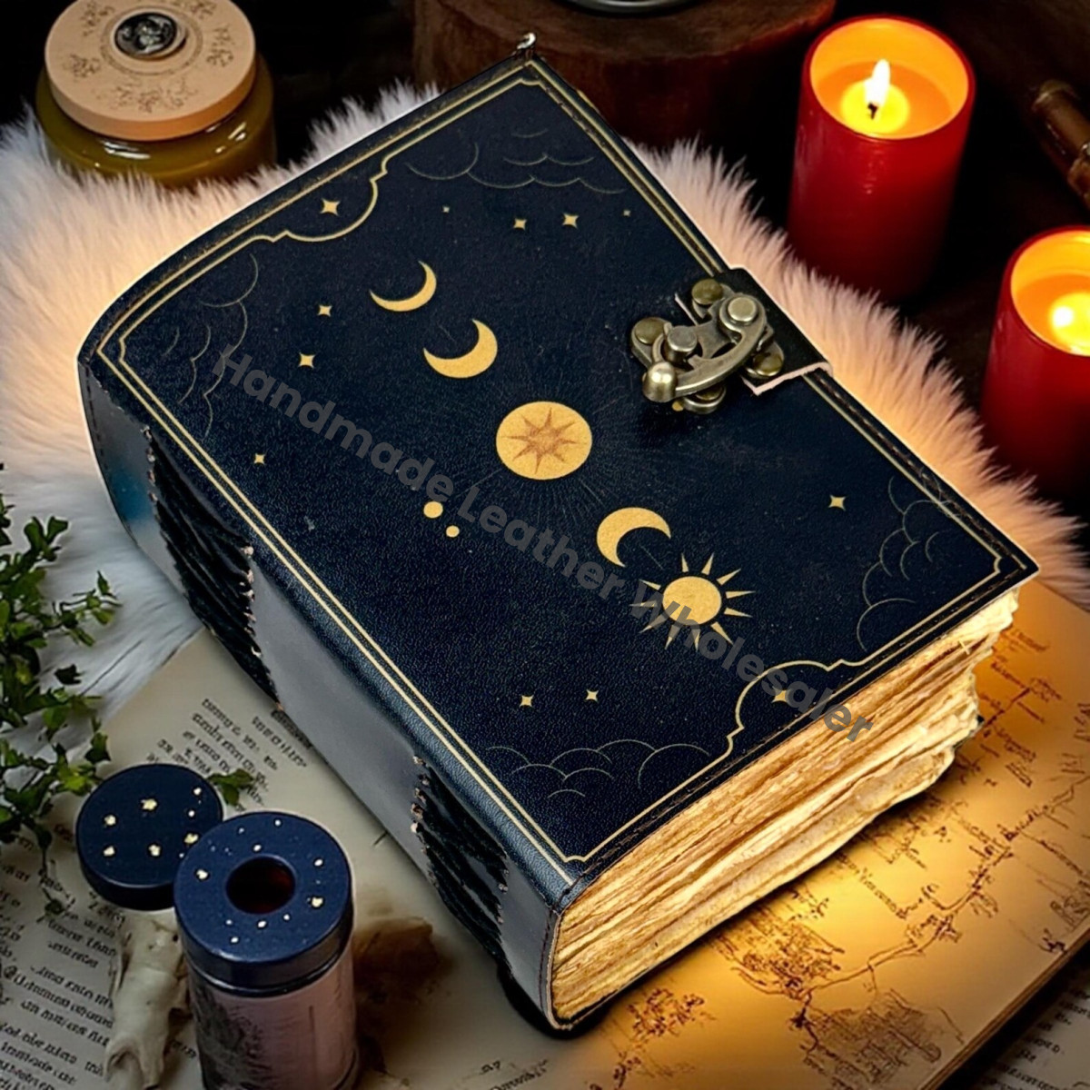 Moon Phase Leather Grimoire Journal – Handmade Wiccan Spell Book, Deckle Edge Witchcraft Notebook, Gothic Pagan Journal