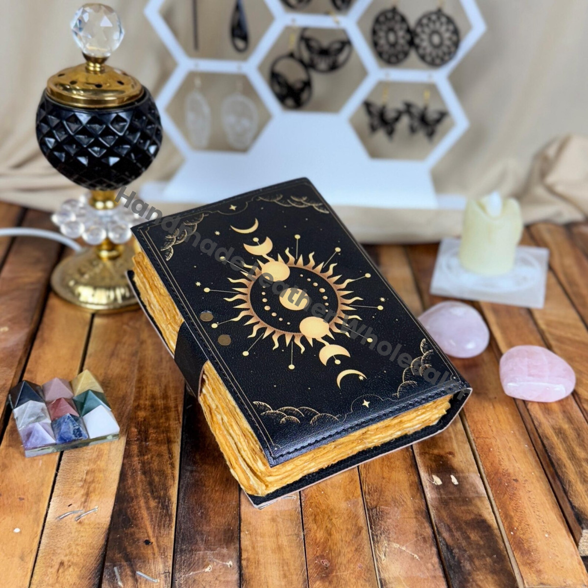 Moon Phase Leather Journal: Antique Handmade Deckle Edge Paper