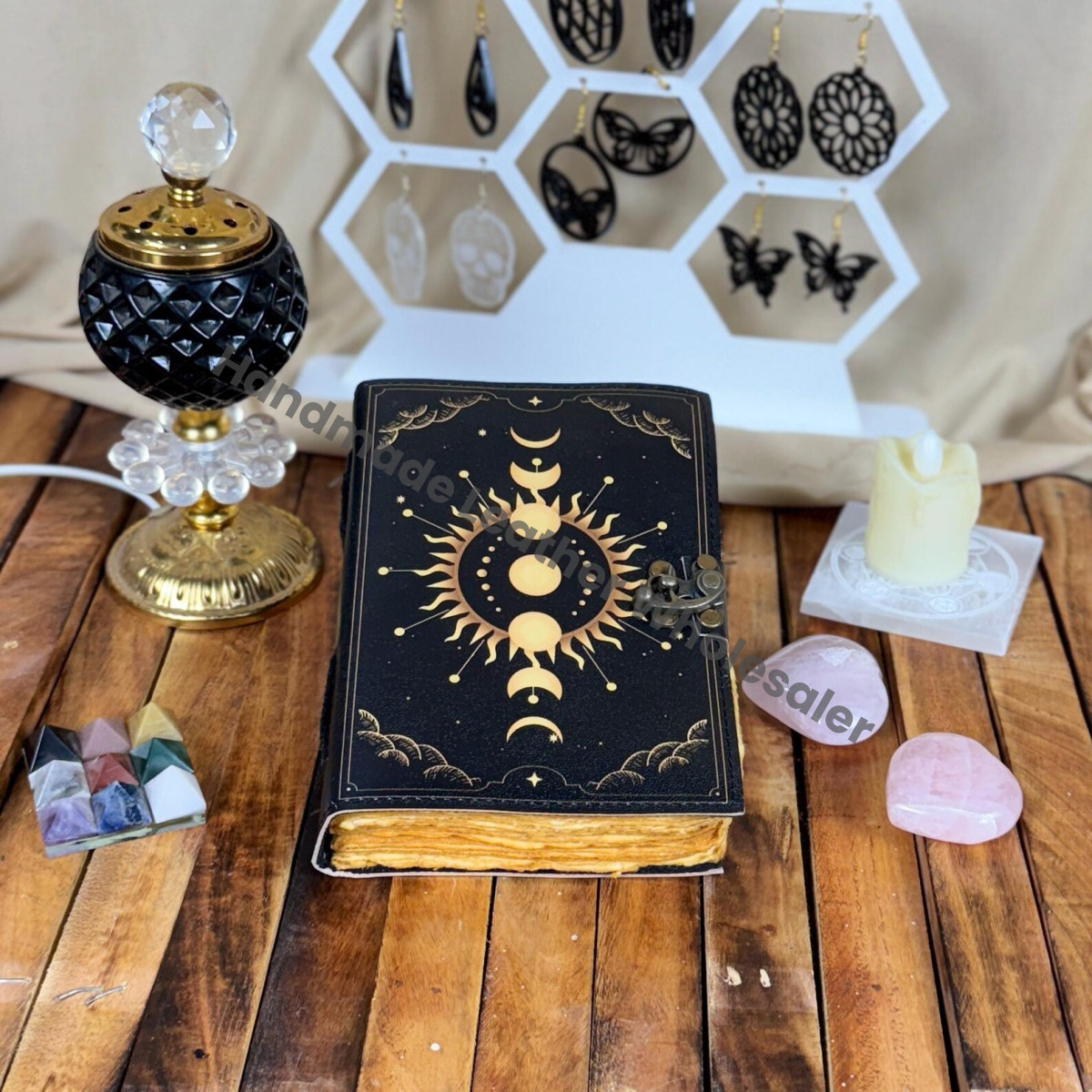 Moon Phase Leather Journal: Antique Handmade Deckle Edge Paper