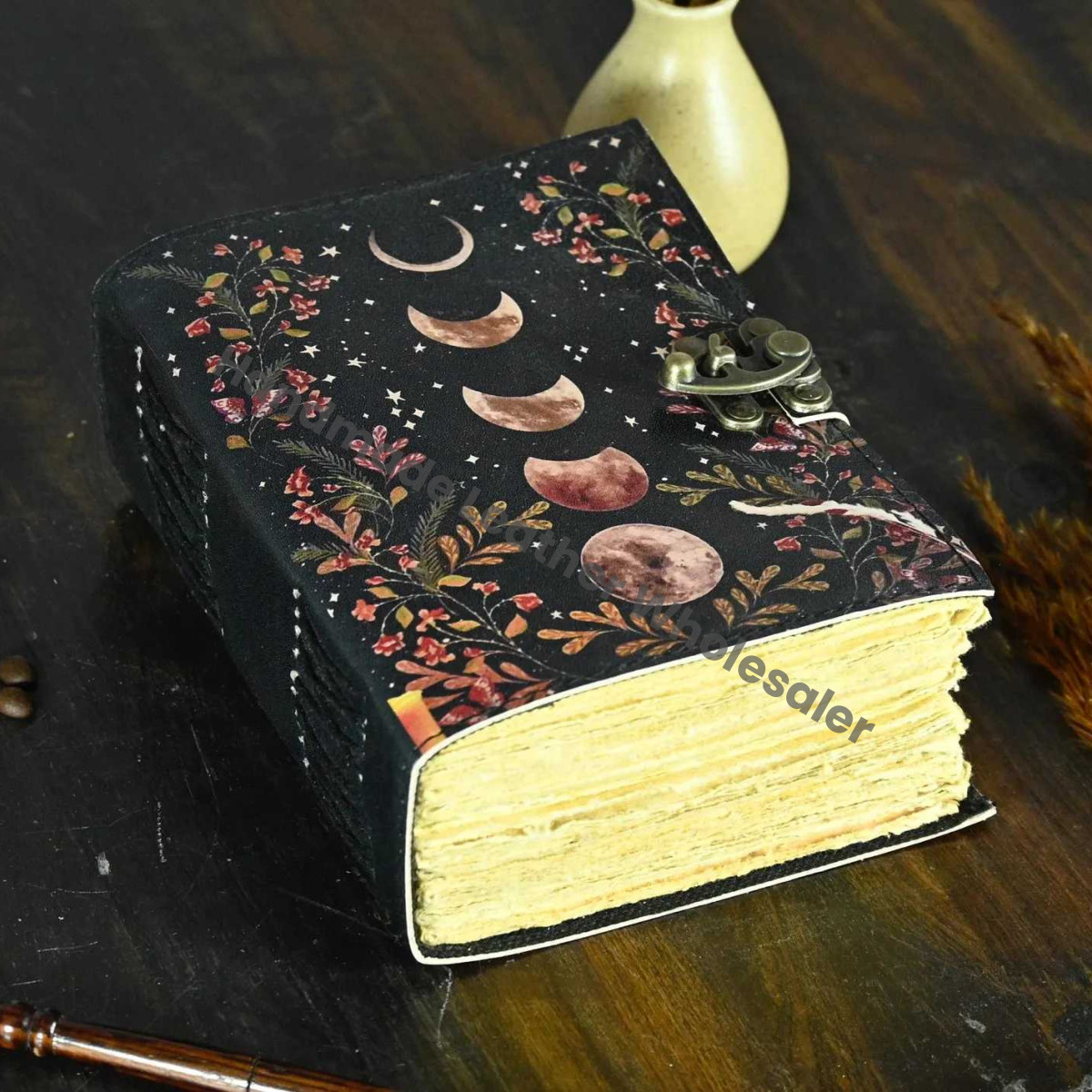 Moon Phase Leather Journal – Handmade Deckle Edge Paper