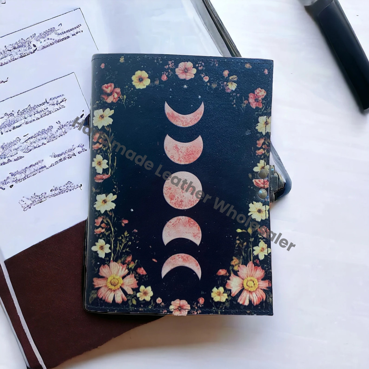 Moon Phase Leather Journal: Handmade Deckle Edge Paper Book of Shadows