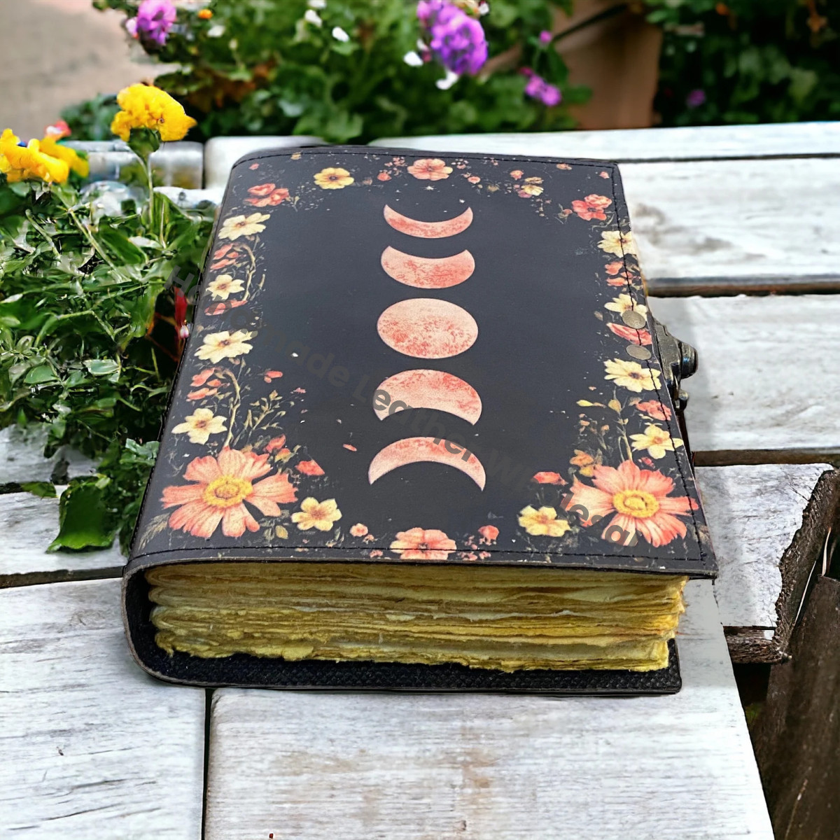 Moon Phase Leather Journal: Handmade Deckle Edge Paper Book of Shadows