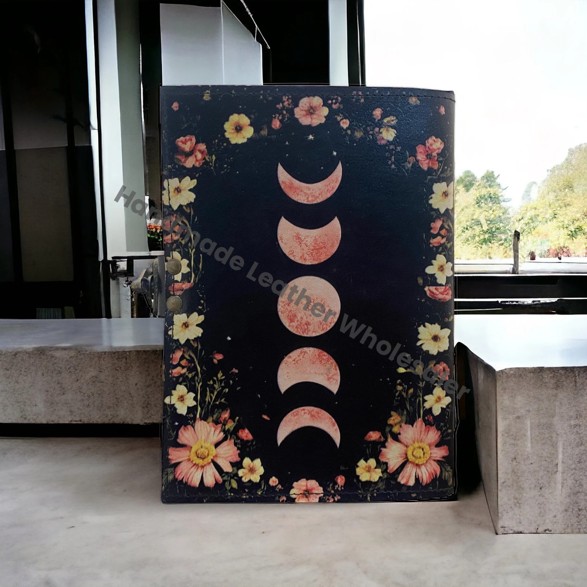 Moon Phase Leather Journal: Handmade Deckle Edge Paper Book of Shadows