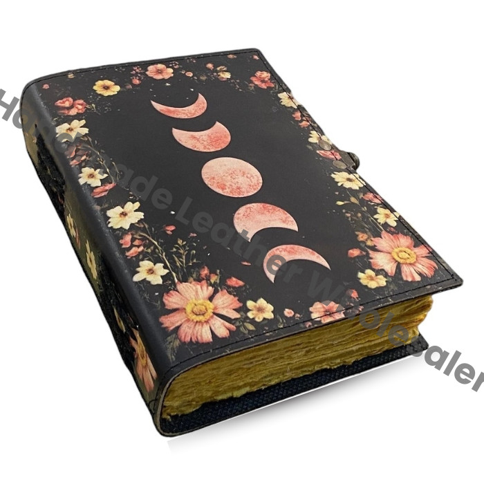 Moon Phase Leather Journal: Handmade Deckle Edge Paper Book of Shadows