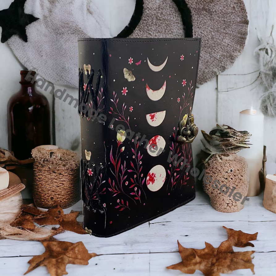 Moon Phase Leather Journal: Handmade Deckle Edge Paper Notebook