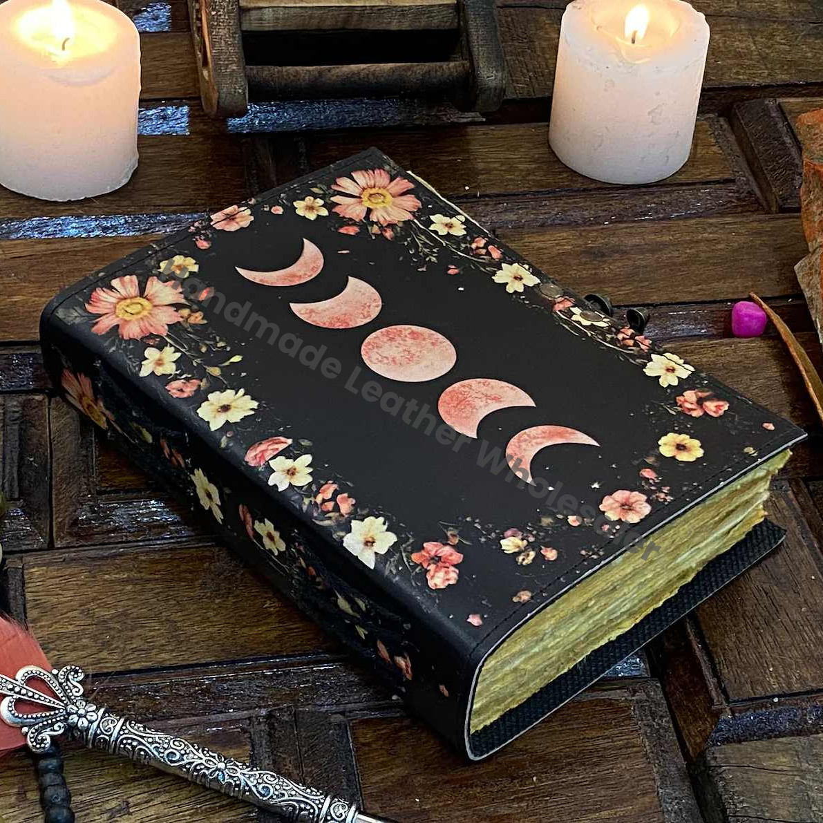 Moon Phase Leather Journal: Handmade Deckle Edge Paper
