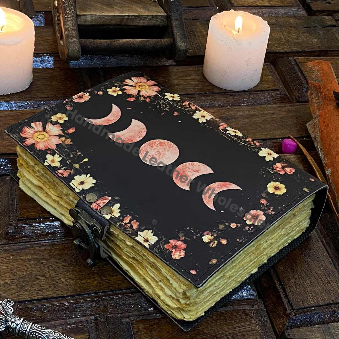 Moon Phase Leather Journal: Handmade Deckle Edge Paper