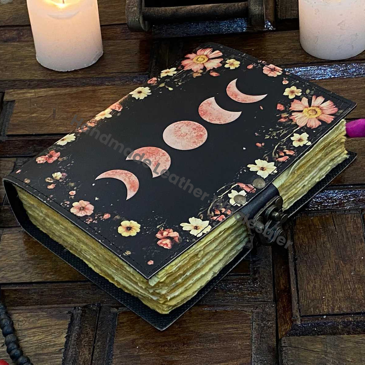 Moon Phase Leather Journal: Handmade Deckle Edge Paper