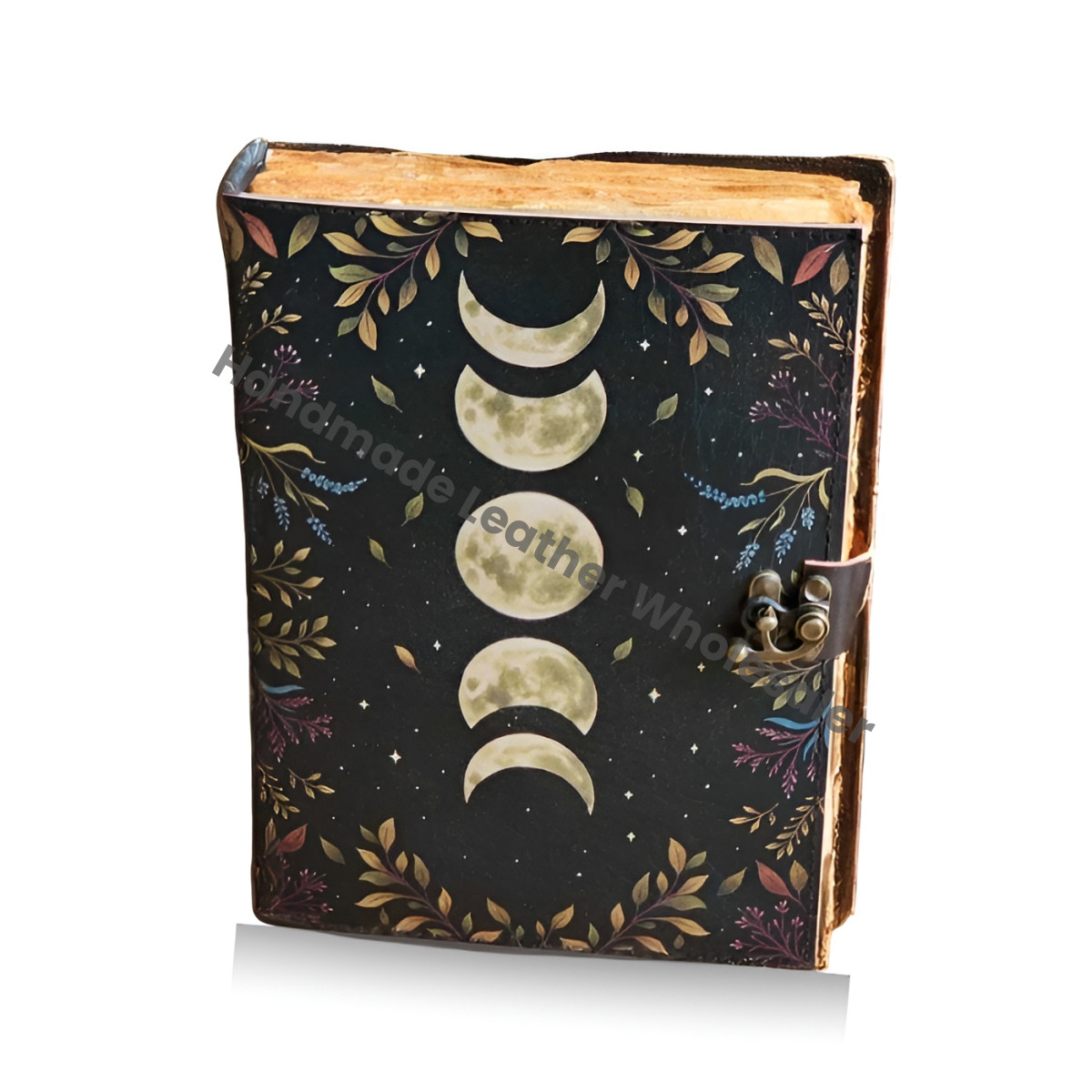 Moon Phase Leather Journal: Handmade Grimoire, Spell Book, Vintage Deckle Edge Paper
