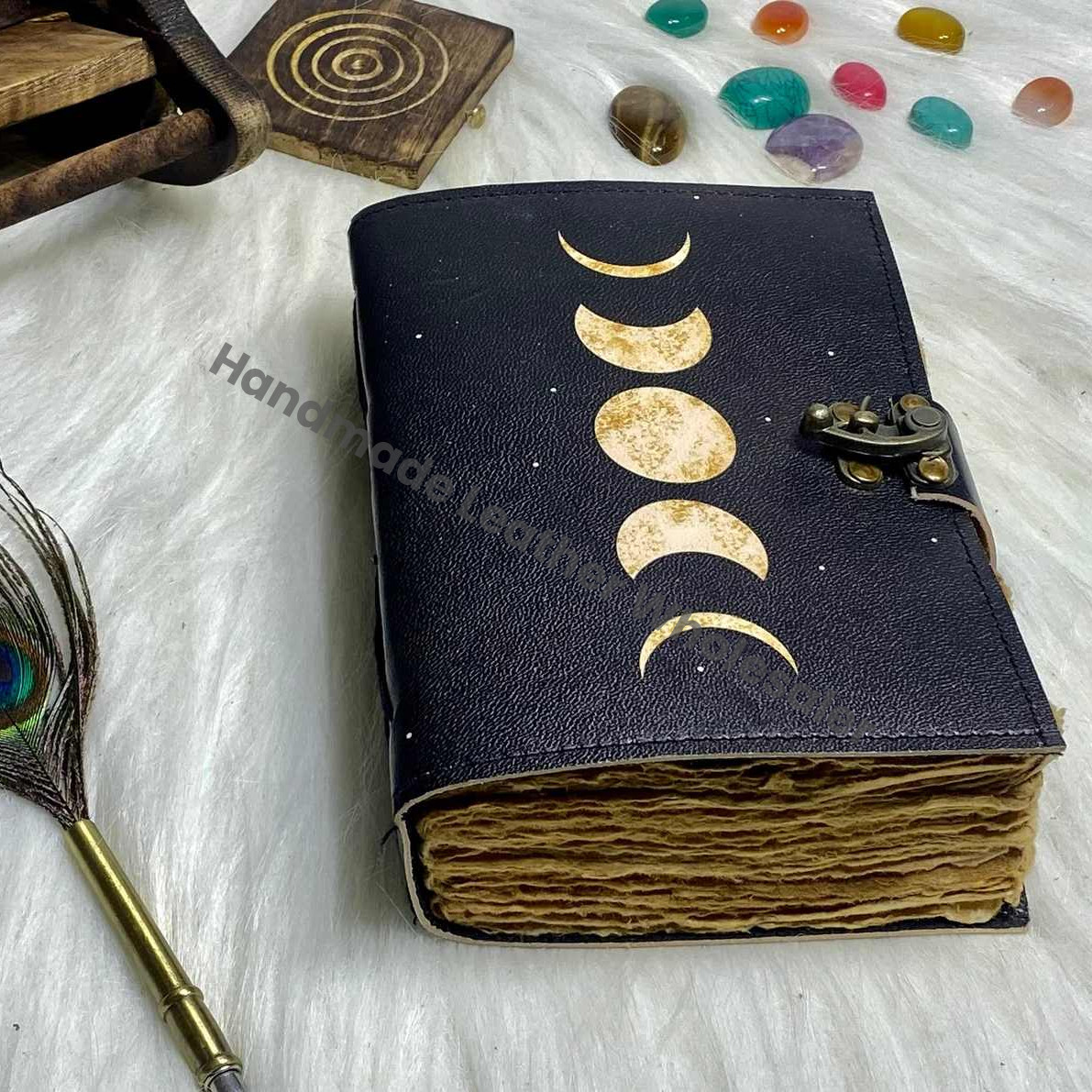 Moon Phase Leather Journal: Handmade Spell Book, Book of Shadows