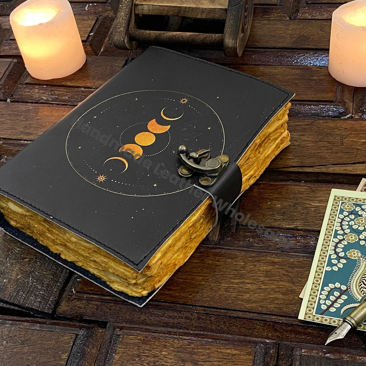 Moon Phase leather Journal notebook - Book of Shadows handstitched journal Grimoire Journal Handmade Journal With Deckle Paper Brass C lock