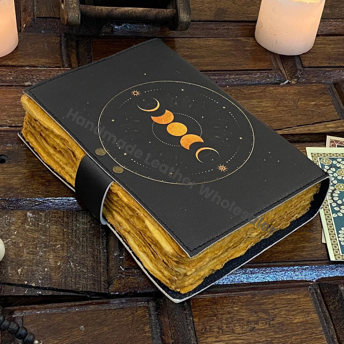 Moon Phase leather Journal notebook - Book of Shadows handstitched journal Grimoire Journal Handmade Journal With Deckle Paper Brass C lock